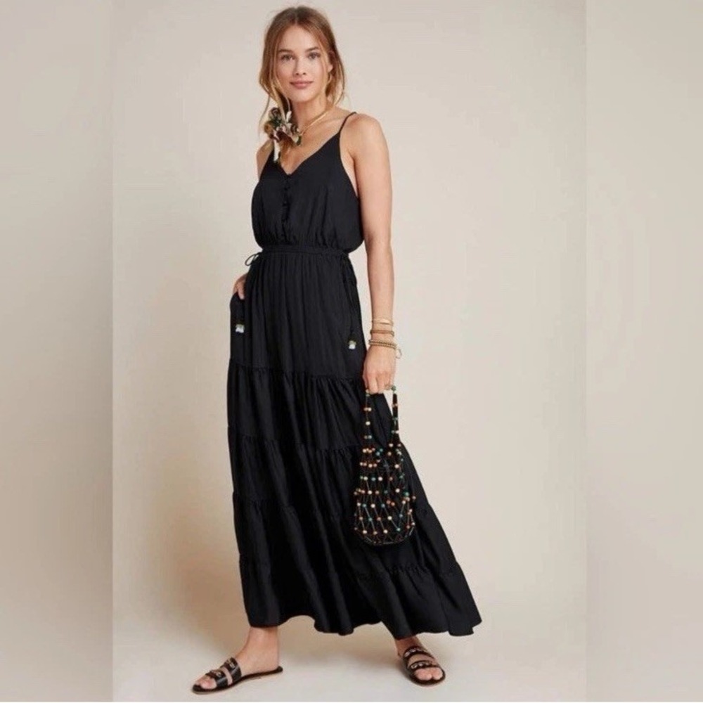 Anthropologie Dolan Left Coast Maxi Dress. Tiered Black Side Tie Pockets Sz M - Picture 1 of 9